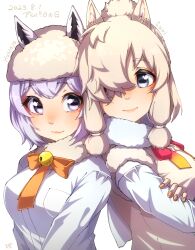 Rule 34 | 2girls, alpaca ears, alpaca huacaya (kemono friends), alpaca suri (kemono friends), animal ears, back-to-back, bell, blonde hair, blue eyes, breast pocket, breasts, character name, closed mouth, commentary request, crossed arms, dated, ears through headwear, eyelashes, fingernails, fur collar, fur hat, fur scarf, fur trim, hair over one eye, hand on own arm, hat, height difference, highres, horizontal pupils, kemono friends, lips, long bangs, long sleeves, looking at viewer, medium breasts, medium hair, multiple girls, neck bell, neck ribbon, pocket, purple eyes, purple hair, ribbon, scarf, shirt, smile, sweater vest, taut clothes, taut shirt, thin (suzuneya), upper body, v arms, white shirt