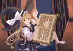 Rule 34 | 1girl, apron, barefoot, black headwear, black skirt, black vest, blonde hair, book, bow, braid, breasts, frilled hairband, frilled skirt, frills, hairband, hat, hat bow, holding, holding book, kirisame marisa, library, long hair, looking at viewer, open mouth, puffy short sleeves, puffy sleeves, shirt, short sleeves, side braid, single braid, skirt, small breasts, solo, toes, touhou, turtleneck, user xwdp4447, very long hair, vest, waist apron, white apron, white bow, white shirt, witch, witch hat, yellow eyes