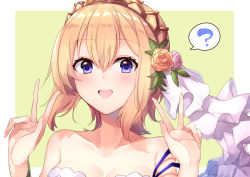 Rule 34 | 1girl, 40 (0f0urw), :d, ?, absurdres, blonde hair, blue eyes, blue ribbon, border, breasts, cleavage, collarbone, diadem, double w, europa (granblue fantasy), flower, granblue fantasy, hair between eyes, hair flower, hair ornament, highres, looking at viewer, medium breasts, open mouth, orange flower, orange rose, outside border, pink flower, pink rose, portrait, ribbon, rose, short hair, smile, solo, speech bubble, strapless, w, white border, yellow background