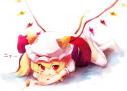 Rule 34 | 1girl, :o, animal ears, blonde hair, blush stickers, cat ears, cat girl, cat tail, embodiment of scarlet devil, female focus, flandre scarlet, full body, gradient background, kemonomimi mode, panties, red eyes, side ponytail, solo, taharu kousuke, tail, thighhighs, touhou, underwear, white background, white panties, white thighhighs, wings