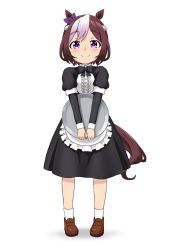 Rule 34 | 1girl, aged down, alternate costume, animal ears, apron, black bow, black bowtie, black dress, bow, bowtie, brown footwear, closed mouth, collared dress, commentary, dress, ear ribbon, enmaided, frilled apron, frills, full body, hachimaki, headband, highres, holding, holding tray, horse ears, horse girl, horse tail, juliet sleeves, kumaji (kumazidayo), loafers, long sleeves, looking at viewer, maid, medium dress, multicolored hair, puffy sleeves, purple bow, purple eyes, shoes, short hair, simple background, smile, socks, solo, special week (umamusume), standing, tail, tray, two-tone hair, umamusume, waist apron, white background, white headband, white socks