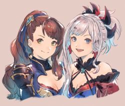 Rule 34 | 2girls, armor, asymmetrical hair, bare shoulders, beatrix (granblue fantasy), blue eyes, brown hair, collar, earrings, fate/grand order, fate (series), granblue fantasy, green eyes, hair ornament, hair ribbon, jewelry, long hair, looking at viewer, magatama, magatama necklace, miyamoto musashi (fate), miyamoto musashi (second ascension) (fate), multiple girls, necklace, open mouth, ponytail, ribbon, shimatani azu, shoulder armor, silver hair, simple background, smile, upper body