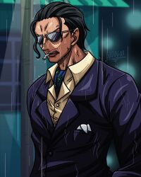 Rule 34 | 1boy, artist name, bbdbg03, black hair, cigarette, formal, hair slicked back, highres, male focus, neckerchief, one piece, open mouth, rain, senor pink, short hair, smoking, solo, suit, sunglasses, v-shaped eyebrows
