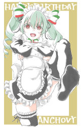 Rule 34 | 1girl, alternate costume, anchovy (girls und panzer), apron, back bow, text background, black dress, black thighhighs, border, bow, bridal garter, brown border, brown eyes, character name, commentary, crossed arms, dress, drill hair, english text, enmaided, frilled apron, frilled dress, frills, girls und panzer, gluteal fold, green hair, hair ribbon, highres, leg up, long hair, long sleeves, looking at viewer, maid, maid headdress, no shoes, open mouth, ribbon, short dress, smile, solo, standing, standing on one leg, tarou.new, thighhighs, twin drills, twintails, white apron, white bow