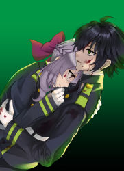 1boy 1girl belt black_background black_hair black_pants black_shirt blood blood_on_face bloody_clothes bow brown_eyes dutch_angle gloves green_background green_eyes hair_bow hiiragi_shinoa hug hyakuya_yuuichirou kero_sweet long_hair military military_uniform owari_no_seraph pants parted_lips purple_bow purple_hair shirt tears two-tone_background uniform white_gloves