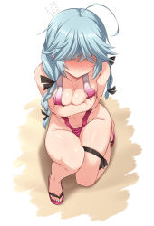 Rule 34 | 1girl, ahoge, alternate costume, bare arms, bare legs, bare shoulders, black ribbon, blush, bow, braid, breasts, closed mouth, collarbone, covering privates, embarrassed, full body, grey hair, hair over eyes, hair ribbon, hamanami (kancolle), highres, kantai collection, long hair, medium breasts, navel, ribbon, sandals, simple background, single braid, slingshot swimsuit, solo, sweat, swimsuit, thigh strap, white background, yoshi tama