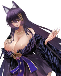Rule 34 | 1girl, animal ear fluff, animal ears, areola slip, azur lane, bare shoulders, black kimono, breasts, cleavage, collarbone, facial mark, fox ears, fox girl, fur trim, gem, hand on own chest, highres, huge breasts, japanese clothes, jewelry, kimono, kitsune, leaning forward, lom (lom lom 8), long hair, long sleeves, magatama, magatama necklace, musashi (azur lane), nail polish, necklace, open mouth, purple gemstone, purple hair, simple background, solo, tongue, tongue out, very long hair, whisker markings, white background, wide sleeves, yellow eyes