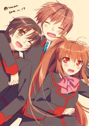 Rule 34 | 1girl, 2boys, bow, brother and sister, brown eyes, brown hair, closed eyes, little busters!, long hair, multiple boys, naoe riki, natsume kyousuke, natsume rin, one eye closed, pink bow, ponytail, red eyes, sandwiched, short hair, siblings, touon