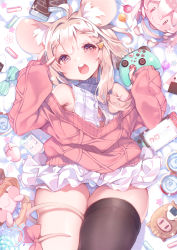 Rule 34 | 1girl, ahoge, animal ear fluff, animal ears, bare shoulders, bed sheet, blush, blush stickers, bow, bra, brown hair, brown thighhighs, cable knit, cameltoe, can, candy, cellphone, chocolate, chocolate bar, commission, controller, drink can, fingernails, food, frills, game controller, glint, grey bra, hair ornament, handheld game console, heart, heart-shaped pupils, highres, holding, holding controller, holding game controller, kanola u, light brown hair, lollipop, long fingernails, long hair, lying, mouse (computer), mouse ears, multicolored eyes, nintendo switch, omochi (nanahira), on back, onigiri, open mouth, original, panties, phone, pink bow, pink eyes, pink pupils, pixiv commission, purple eyes, single thighhigh, sleeves past wrists, soda can, solo, sparkle, striped, striped bow, stuffed animal, stuffed boar, stuffed toy, symbol-shaped pupils, tail, tail bow, tail ornament, teeth, thigh gap, thighhighs, tongue, underwear, upper teeth only, v, virtual youtuber, white panties