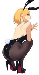 Rule 34 | 1girl, animal ears, ass, black leotard, blonde hair, choker, cigarette, colored shoe soles, commentary, detached collar, english commentary, fake animal ears, fake tail, from behind, from side, hand up, high heels, highres, holding, holding cigarette, leotard, looking at viewer, looking back, original, pantyhose, playboy bunny, rabbit ears, red eyes, sekoshi (some1else45), short hair, simple background, solo, some1else45, squatting, strapless, strapless leotard, tail, white background, white choker