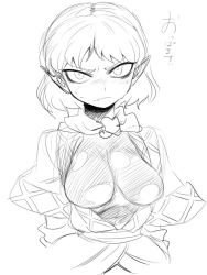Rule 34 | 1girl, annoyed, bad id, bad pixiv id, blush, breasts, female focus, greyscale, looking at viewer, mizuhashi parsee, monochrome, pointy ears, pun, simple background, sketch, solo, spacezin, touhou, white background