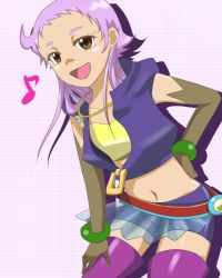 Rule 34 | 1girl, alfa system, bracelet, breasts, brown eyes, elbow gloves, gloves, hermana larmo, jewelry, long hair, midriff, navel, necklace, open mouth, purple hair, short shorts, shorts, tales of (series), tales of innocence, thighhighs