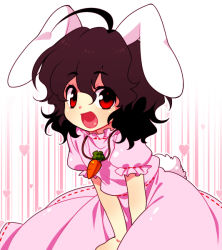 Rule 34 | 1girl, :d, ahoge, animal ears, brown hair, carrot, carrot necklace, female focus, inaba tewi, jewelry, kiri futoshi, looking at viewer, necklace, open mouth, rabbit ears, rabbit girl, rabbit tail, red eyes, smile, solo, tail, touhou