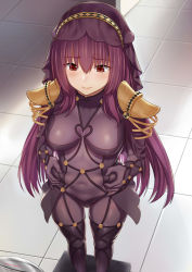 Rule 34 | 1girl, armor, bad id, bad pixiv id, belly, belly grab, blush, bodysuit, breasts, covered erect nipples, covered navel, embarrassed, fat rolls, fate/grand order, fate (series), gold trim, hair intakes, highres, indoors, large breasts, long hair, pauldrons, pinching, plump, polearm, purple bodysuit, purple hair, red eyes, scathach (fate), shoulder armor, skin tight, solo, spear, standing, veil, weapon, weight conscious, yizhirenben