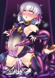 Rule 34 | 1girl, bare shoulders, black skirt, blush, breasts, bridal gauntlets, covered navel, cum, cum in pussy, earrings, fate/grand order, fate (series), hair ribbon, high heels, highres, inflation, jewelry, kama (fate), kama (first ascension) (fate), kutan, medium breasts, microskirt, navel, nipples, nose blush, pink hair, pink ribbon, ribbon, see-through, sideboob, skirt, small breasts, solo, sweat, tentacle sex, tentacles, thighhighs, white hair