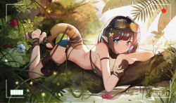 Rule 34 | 1girl, arknights, black hair, blue eyes, bra, branch, camera, eunectes (arknights), flower, forest, goggles, goggles on head, hair ornament, hanging from tree, highres, lake, looking at viewer, nature, plant, pointy ears, pouch, recording, short hair, shuming, snake tail, solo, tail, thigh pouch, tree, underwear