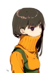 Rule 34 | 1girl, closed mouth, commentary request, enpera, from side, kawai makoto, long hair, long neck, long sleeves, looking at viewer, looking to the side, orange sweater, original, overalls, purple eyes, scarf, signature, simple background, slit pupils, solo, sweater, turtleneck, upper body