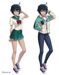 Rule 34 | 1girl, ahoge, anzumame, armband, bandaid, bandaid on leg, black hair, blue eyes, blue footwear, blue pants, bow, bowtie, buttons, double-breasted, green sailor collar, green skirt, hair between eyes, hand in own hair, highres, hood, hood down, hooded jacket, jacket, miniskirt, official art, original, pants, partially unzipped, plaid, plaid bow, plaid bowtie, pleated skirt, red bow, red bowtie, sailor collar, school uniform, serafuku, shirt, shoes, short sleeves, sidelocks, simple background, skirt, sneakers, tomboy, variations, white background, white shirt