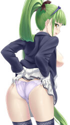 Rule 34 | 1girl, ass, azur lane, black bow, blue jacket, blunt bangs, blush, bow, breasts, censored, censored nipples, clothes lift, cowboy shot, danbora, from behind, gloves, green hair, hair bow, high ponytail, highres, jacket, long hair, looking at viewer, medium breasts, open clothes, open jacket, panties, purple panties, shropshire (azur lane), sidelocks, simple background, skirt, skirt lift, solo, underwear, very long hair, white background, white gloves, yellow eyes