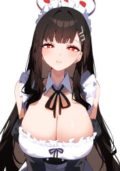 1girl absurdres alternate_costume black_hair black_halo black_ribbon blue_archive blush breasts bright_pupils cleavage commentary detached_collar detached_sleeves enmaided hair_ornament halo highres large_breasts long_hair looking_at_viewer maid maid_headdress mechanical_halo neck_ribbon red_eyes ribbon rio_(blue_archive) simple_background solo upper_body very_long_hair weiic white_background white_headdress white_pupils