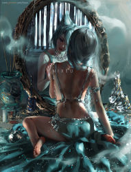 Rule 34 | 1girl, animal ears, armlet, artist name, bottle, bra strap, commentary, english commentary, fantasy, feet, fox ears, grey eyes, grey hair, hair over one eye, highres, jewelry, looking at mirror, mirror, mixed-language commentary, necklace, nixeu, original, perfume bottle, reflection, sitting, solo, vase, wariza