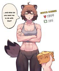 Rule 34 | 1girl, 1other, abs, ahoge, animal ears, bare shoulders, breasts, brown hair, cheese, cleavage, corrupted twitter file, cowboy shot, crop top, crossed arms, english text, expressionless, food, highres, holding, holding food, jitome, like and retweet, looking at viewer, medium breasts, midriff, muscular, muscular female, navel, original, pants, parted lips, pov, pov hands, raccoon ears, raccoon girl, raccoon tail, short hair, simple background, solo focus, speech bubble, tail, tank top, thick eyebrows, wersman, white background, white tank top, yellow eyes, yoga pants
