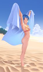 Rule 34 | 1girl, absurdres, armpits, arms up, ass, barefoot, beach, beach towel, bikini, bikini top only, blue eyes, blue hair, blue sky, bottomless, breasts, cloud, commentary, english commentary, footprints, from side, front-tie bikini top, front-tie top, gloamy, grin, groin, highres, looking at viewer, magia record: mahou shoujo madoka magica gaiden, mahou shoujo madoka magica, medium breasts, miki sayaka, miki sayaka (swimsuit costume), multicolored bikini, multicolored clothes, outdoors, red bikini, sand, short hair, sidelighting, sky, smile, solo, standing, striped bikini, striped clothes, swimsuit, thighs, towel, yellow bikini