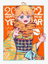 Rule 34 | 1girl, 2022, animal ears, animal print, artist name, text background, blonde hair, blue eyes, chinese zodiac, claw pose, commentary, ellie (kisaragi yuu), english text, fake animal ears, fake tail, fur collar, happy new year, highres, japanese clothes, kimono, kisaragi yuu (fallen sky), long sleeves, looking at viewer, new year, obi, open mouth, orange background, original, outside border, print kimono, romaji text, sash, short hair, signature, smile, solo, standing, tail, tiger ears, tiger print, tiger tail, wide sleeves, year of the tiger