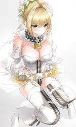 Rule 34 | 1girl, ahoge, blonde hair, breasts, commentary request, detached sleeves, fate/extra, fate/extra ccc, fate (series), flower, gloves, green eyes, hair flower, hair intakes, hair ornament, highres, kfr, large breasts, lock, nero claudius (bride) (fate), nero claudius (bride) (second ascension) (fate), nero claudius (fate), nero claudius (fate) (all), padlock, padlocked collar, short hair, simple background, solo, thighhighs, white background, white footwear, white gloves, white thighhighs, zipper, zipper pull tab