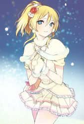 Rule 34 | 10s, 1girl, ayase eli, blue eyes, capelet, cowboy shot, earrings, fur trim, gloves, jewelry, looking at viewer, love live!, love live! school idol project, lpip, short hair, skirt, snow, snow halation, snowing, solo, white gloves