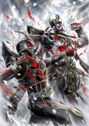 Rule 34 | 2boys, arm blade, armor, battle, belt, blood, claws, clenched hands, helmet, highres, horns, kamen rider, kamen rider kuuga, kamen rider kuuga (series), kamen rider kuuga (ultimate form), looking at another, male focus, masukudo (hamamoto hikaru), monster, multiple boys, n-daguva-zeba, puncch, punching, snow, weapon