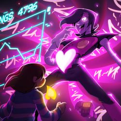 Rule 34 | 1boy, 1other, androgynous, android, black hair, brown hair, frisk (undertale), glowing, glowing eye, hair over one eye, heart, mettaton, mettaton ex, open mouth, palidoozy-art, purple theme, robot, shirt, short hair, smile, striped clothes, striped shirt, umbrella, undertale