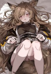 Rule 34 | 1girl, :o, animal ears, aogisa, arknights, bare legs, blush, breasts, brown hair, ceobe (arknights), dog ears, dog girl, dog tail, fang, feet out of frame, highres, long hair, long sleeves, looking at viewer, lying, medium breasts, on back, on side, open mouth, red eyes, simple background, skin fang, solo, tail, thighs, toes, very long hair