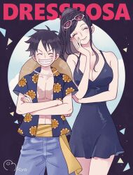 Rule 34 | 1boy, 1girl, ^ ^, blue shorts, breasts, circle, cleavage, closed eyes, commentary, crossed arms, dress, eyewear on head, floral print, hand on own cheek, hand on own face, hat, large breasts, micyomon, monkey d. luffy, nico robin, one piece, open clothes, open shirt, ponytail, sash, scar, scar on chest, scar on face, short dress, short hair, shorts, sidelocks, signature, sleeveless, sleeveless dress, smile, straw hat, sunflower print, triangle, yellow sash