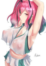 Rule 34 | armpits, arms up, azur lane, breasts, bremerton (azur lane), bremerton (scorching-hot training) (azur lane), cleavage, devilukez, highres, long hair, multicolored hair, nipples, pink eyes, pink hair, see-through, simple background, smell, sweat, white background