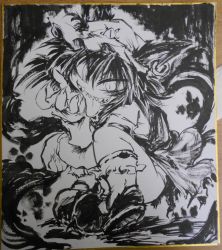 Rule 34 | 1girl, animal ears, bogai, chen, fingernails, hat, ink wash painting, jewelry, long fingernails, long sleeves, long tongue, looking at viewer, mob cap, monochrome, multiple tails, sharp teeth, shikishi, short hair, smile, solo, tail, teeth, tongue, tongue out, touhou, traditional media