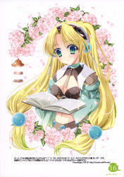 Rule 34 | 1girl, absurdres, artbook, atelier (series), atelier marie, blonde hair, book, cherry blossoms, female focus, flower, green eyes, hair ornament, high ponytail, highres, long hair, low-tied long hair, marie (atelier), ooba kagerou, open book, parted bangs, petals, ponytail, scan, solo, very long hair, watermark, web address