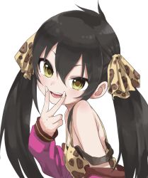 Rule 34 | 10s, 1girl, :d, black hair, blush, breasts, eyelashes, finger to mouth, fingernails, from side, hair between eyes, hair ribbon, idolmaster, idolmaster cinderella girls, jacket, long fingernails, long hair, long sleeves, looking at viewer, looking to the side, matoba risa, off shoulder, open clothes, open jacket, open mouth, pink jacket, ribbon, round teeth, sidelocks, simple background, sleeveless, sleeves past wrists, small breasts, smile, solo, strap slip, teeth, tsurime, twintails, upper body, white background, yamamoto souichirou, yellow eyes