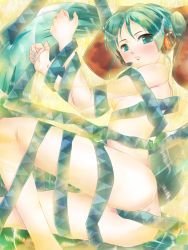 Rule 34 | 1girl, ass, bdsm, bondage, bound, bound wrists, breasts, green eyes, green hair, hatsune miku, headphones, leg lift, long hair, lying, matching hair/eyes, microphone, morihama karute, naked ribbon, nude, ribbon, small breasts, solo, twintails, vocaloid
