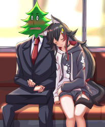 Rule 34 | 1boy, 1girl, absurdres, animal ears, bare legs, black hair, blush, briefcase, formal, head on another&#039;s shoulder, highres, hololive, hood, hood down, hoodie, jacket, long hair, long sleeves, multicolored hair, necktie, ookami mio, ookami mio (casual), pants, red hair, risian, short shorts, shorts, sleeping, sleeping on person, streaked hair, suit, suit jacket, tail, very long hair, virtual youtuber, wolf ears, wolf tail