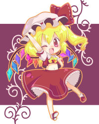Rule 34 | 1girl, blonde hair, chibi, fang, female focus, flandre scarlet, full body, hat, highres, imahia, midriff, navel, one eye closed, one side up, ponytail, red eyes, short hair, side ponytail, skirt, solo, touhou, wings, wink