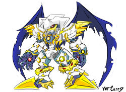 Rule 34 | armor, artist name, chibi, claws, digimon, dynasmon, full armor, gauntlets, highres, horns, monster, no humans, purple wings, red eyes, royal knights, shoulder pads, simple background, solo, spikes, white background, wings