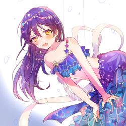 Rule 34 | 1girl, 299 (horisso), bare shoulders, blue dress, blue hair, blush, commentary request, dress, hair between eyes, hair ornament, jewelry, long hair, looking at viewer, love live!, love live! school idol festival, love live! school idol project, marine day, mermaid costume, midriff, open mouth, smile, solo, sonoda umi, strapless, strapless dress, yellow eyes