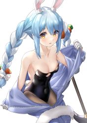 Rule 34 | 1girl, animal ear fluff, animal ears, bare shoulders, blue hair, blush, braid, breasts, carrot, carrot hair ornament, cleavage, collarbone, food-themed hair ornament, gloves, hair ornament, highres, hololive, leotard, long hair, looking at viewer, navel, pantyhose, rabbit ears, rabbit girl, rabbit tail, sidelocks, simple background, small breasts, solo, sweat, thick eyebrows, tsurupy, twin braids, undressing, usada pekora, virtual youtuber, white background, yellow eyes