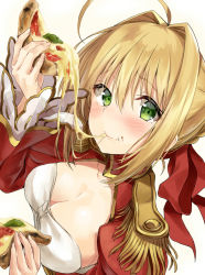 Rule 34 | 10s, 1girl, ahoge, blonde hair, breasts, cleavage, commentary request, eating, fate/extra, fate (series), food, from above, green eyes, hair intakes, kakao rantan, looking at viewer, looking up, nero claudius (fate), nero claudius (fate) (all), nero claudius (fate/extra), pizza, pizza slice, simple background, solo