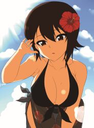 Rule 34 | 1girl, absurdres, bikini, breasts, brown eyes, brown hair, cleavage, flower, front-tie top, girls und panzer, hair flower, hair ornament, hand in own hair, highres, large breasts, leaning forward, looking at viewer, nishizumi maho, open mouth, outdoors, sarong, sky, solo, sun, swimsuit, umeta shirisuke
