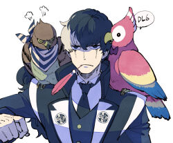 Rule 34 | 1boy, ace attorney, animal, animal on shoulder, bird, bird on shoulder, black eyes, black jacket, black necktie, buttons, collared shirt, colored skin, feather in mouth, feathers, frown, hairstyle request, hand up, hawk, high collar, jacket, long sleeves, male focus, multicolored hair, necktie, parrot, polly (ace attorney), portrait, shino (shino dgs), shirt, simon blackquill, simple background, speech bubble, taka (ace attorney), two-tone hair, white background, white hair, white shirt, white skin