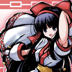 Rule 34 | 1girl, ainu clothes, arm behind head, armpits, black hair, blue eyes, breasts, c.r., fingerless gloves, gloves, hair ribbon, highres, large breasts, long hair, nakoruru, open mouth, ribbon, samurai spirits, smile, snk, solo, the king of fighters, weapon
