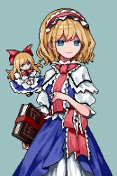 Rule 34 | 1girl, alice margatroid, blonde hair, blue background, blue dress, blue eyes, book, bow, capelet, doll, dress, hairband, holding, long hair, looking at viewer, pixel art, risui (suzu rks), sash, shanghai doll, short hair, simple background, smile, solo, touhou