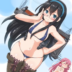 Rule 34 | 10s, 2girls, adjusting eyewear, akashi (kancolle), bikini, black hair, blue eyes, blue hairband, blush, boots, closed eyes, covering privates, covering breasts, dd (ijigendd), glasses, gradient background, hairband, hand on own hip, kantai collection, long hair, micro bikini, multiple girls, navel, ooyodo (kancolle), pink hair, polka dot, polka dot background, smile, swimsuit, thigh boots, thigh gap, thighhighs, wide hips